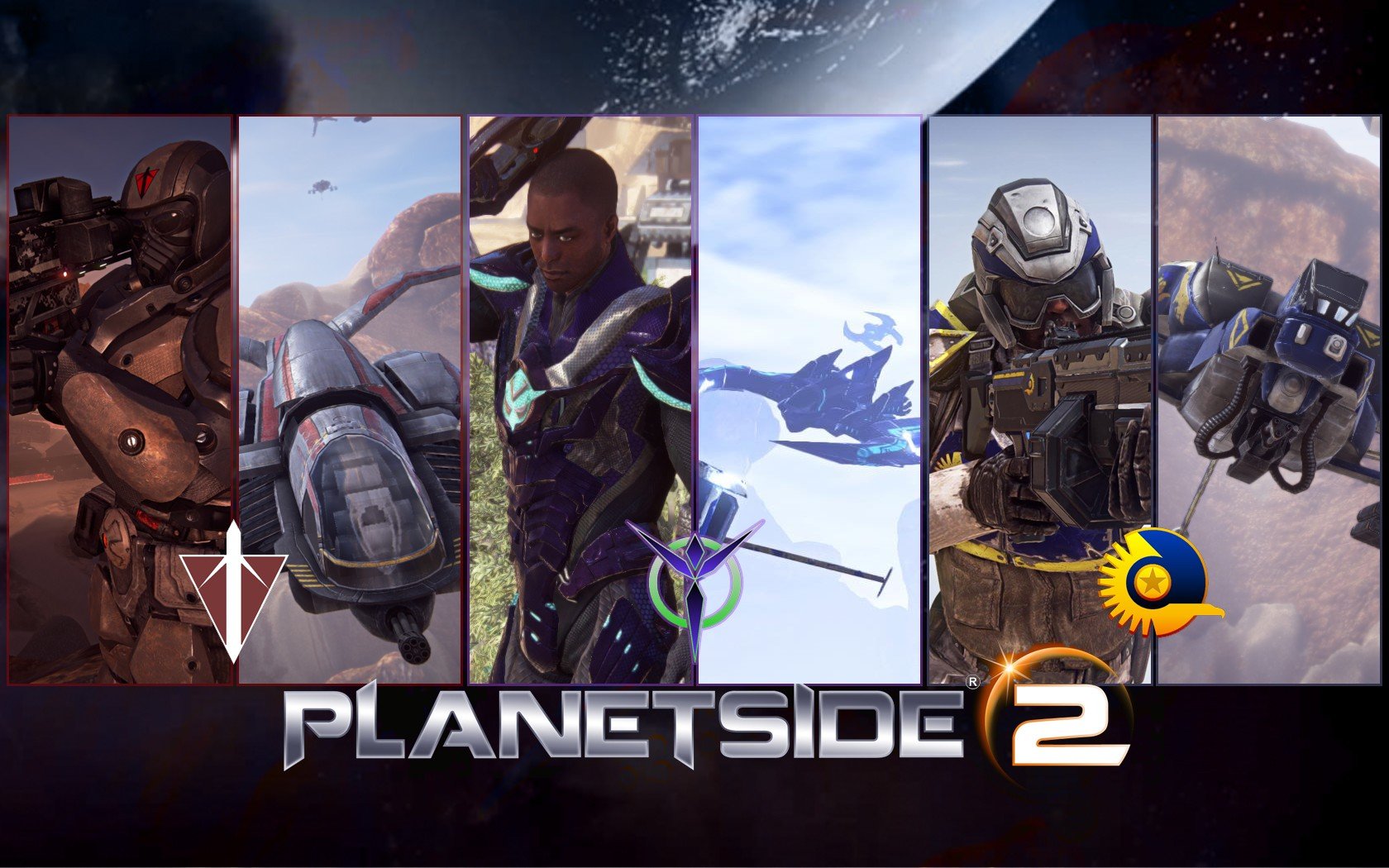 HD desktop wallpaper of Planetside 2 featuring various characters and vehicles from the game, with the logo prominently displayed.