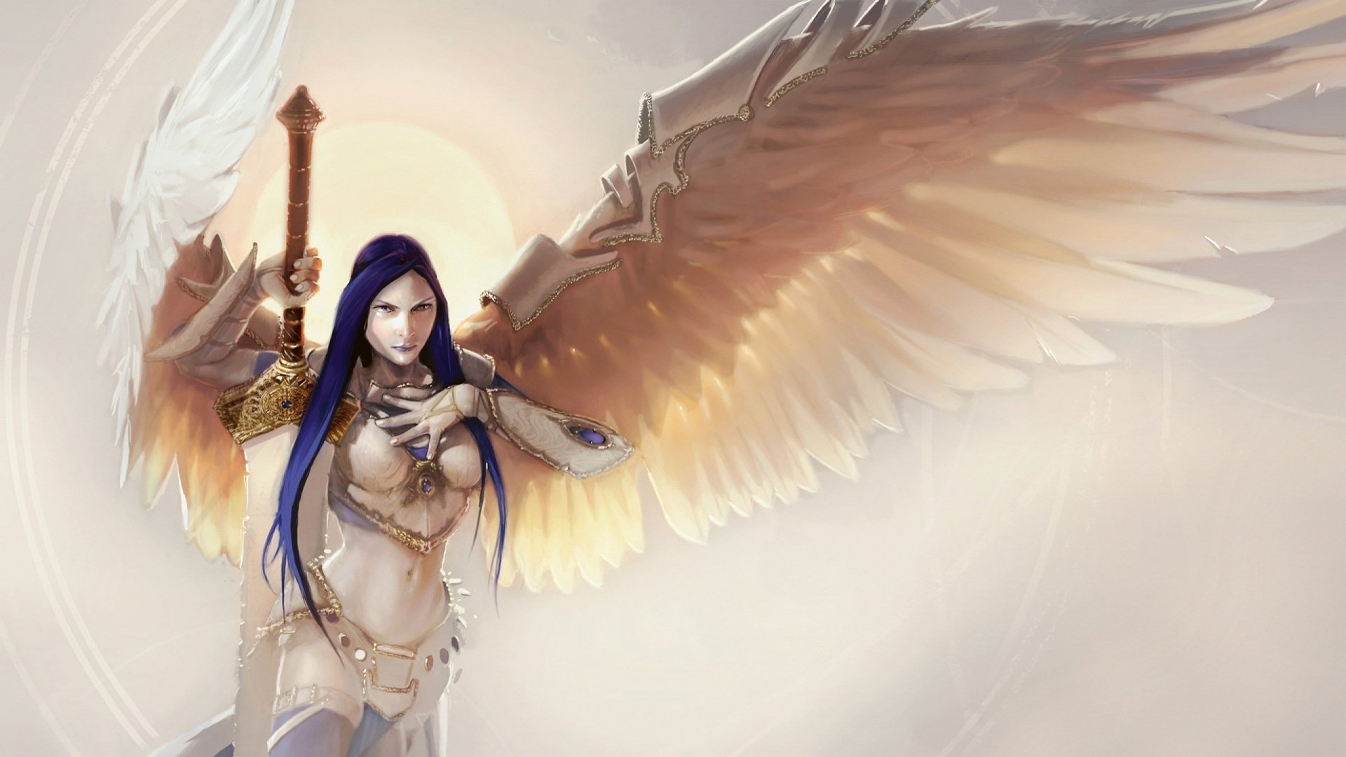 HD digital artwork of a winged female warrior from Magic: The Gathering, featuring detailed armor and a large sword, designed as a PC desktop wallpaper and background.