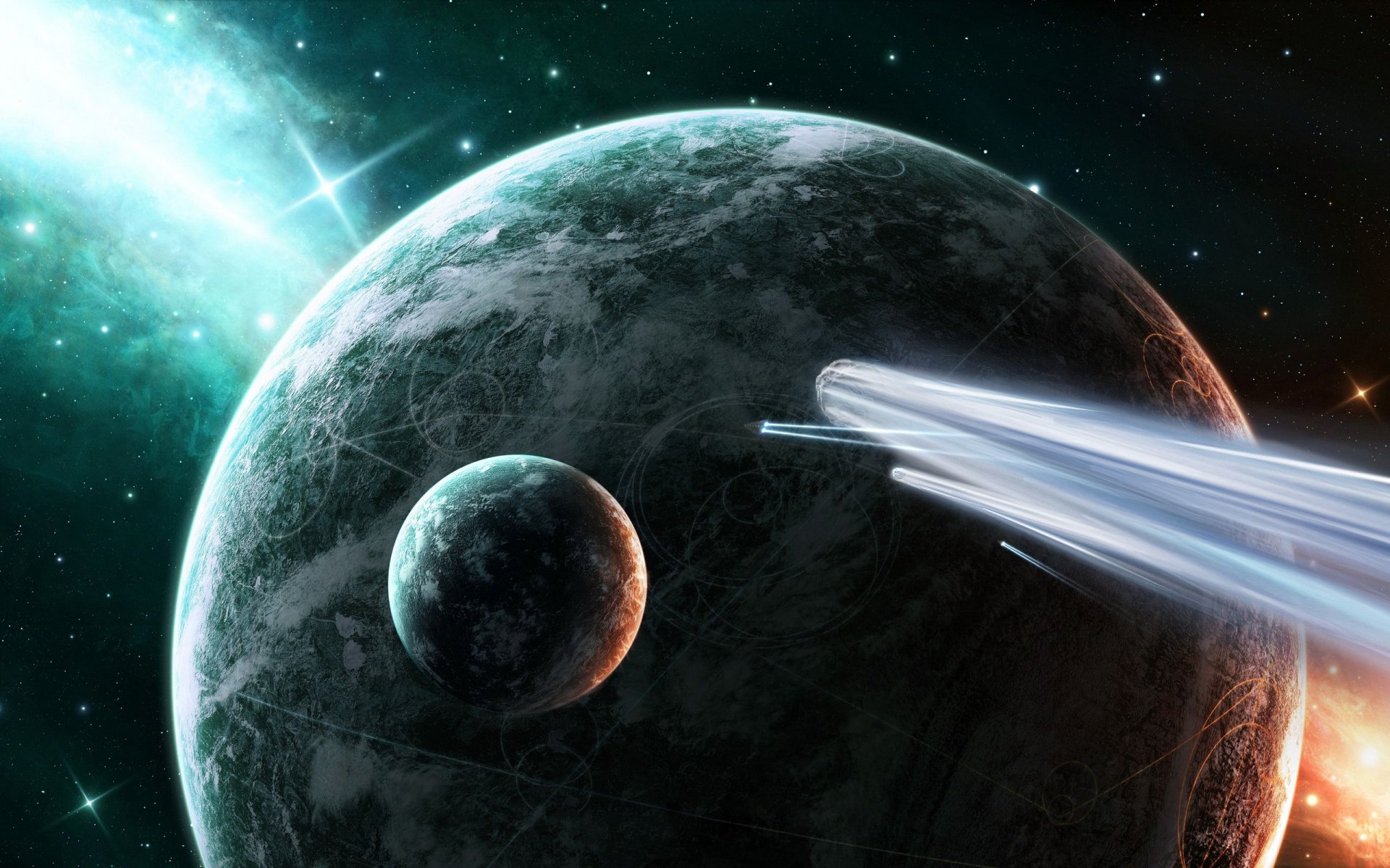 HD sci-fi desktop wallpaper of a luminous spacecraft flying past a large, textured planet with a smaller moon nearby against a starry cosmic background.