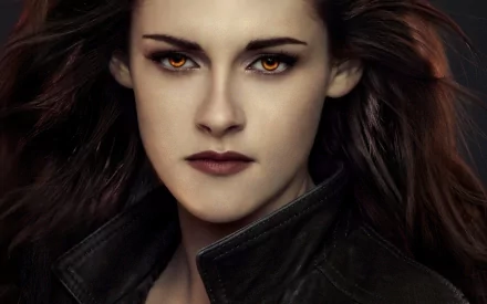 HD wallpaper of Bella Swan from The Twilight Saga: Breaking Dawn - Part 2, showcasing her intense vampire look with striking amber eyes and flowing hair against a dark background.