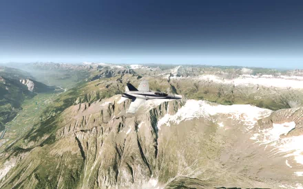 HD wallpaper featuring a jet from the AeroFly FS simulator flying over mountainous terrain.