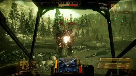 HD desktop wallpaper of MechWarrior Online showing a first-person cockpit view with a mech in a forested battlefield.