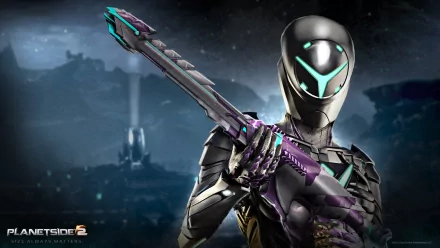 HD desktop wallpaper featuring a character from PlanetSide 2, wearing futuristic armor and holding a weapon, with a sci-fi landscape in the background.