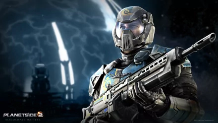 HD wallpaper of a Planetside 2 soldier in futuristic armor with a rifle, set against a backdrop with beams of light.