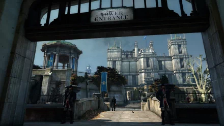 HD desktop wallpaper of Dishonored featuring the entrance to a grand building with guards stationed outside.