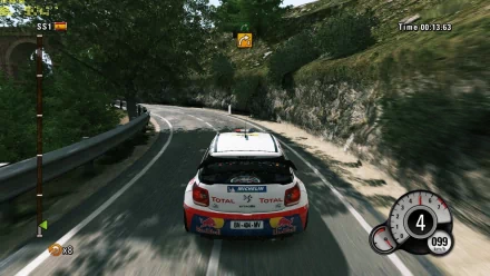 HD WRC 3 desktop wallpaper showing a rally car racing down a winding forest road.