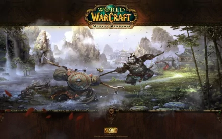 HD desktop wallpaper featuring an epic battle scene from the video game World of Warcraft: Mists of Pandaria, showcasing dynamic characters and a misty, mountainous landscape.