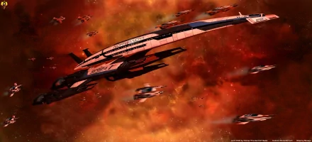 A stunning HD wallpaper featuring the Normandy SR-2, a futuristic spacecraft amidst a fiery cosmic backdrop, capturing the essence of Sci-Fi from the Mass Effect video game series.