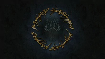 HD PC desktop wallpaper featuring The Lord of the Rings movie design with the iconic Elvish script encircling the White Tree of Gondor on a dark background.