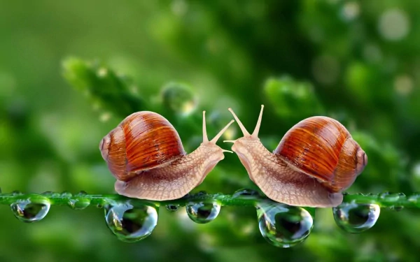 HD PC desktop wallpaper featuring two snails facing each other on a green stem with water droplets, highlighting detailed textures and vibrant natural colors.
