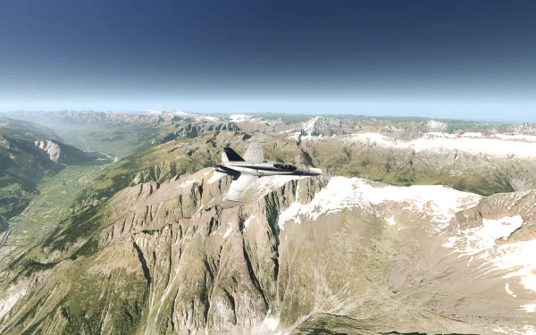 HD wallpaper featuring a jet from the AeroFly FS simulator flying over mountainous terrain.