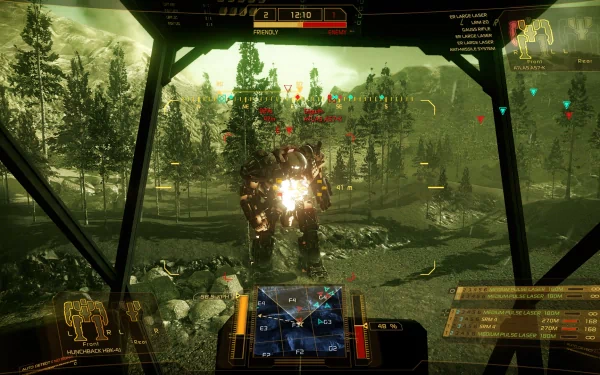 HD desktop wallpaper of MechWarrior Online showing a first-person cockpit view with a mech in a forested battlefield.