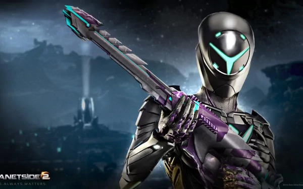 HD desktop wallpaper featuring a character from PlanetSide 2, wearing futuristic armor and holding a weapon, with a sci-fi landscape in the background.