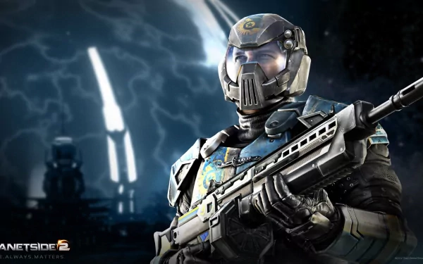 HD wallpaper of a Planetside 2 soldier in futuristic armor with a rifle, set against a backdrop with beams of light.