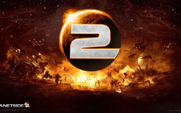 HD desktop wallpaper of Planetside 2 featuring a fiery battlefield with the game's logo emblazoned at the center.