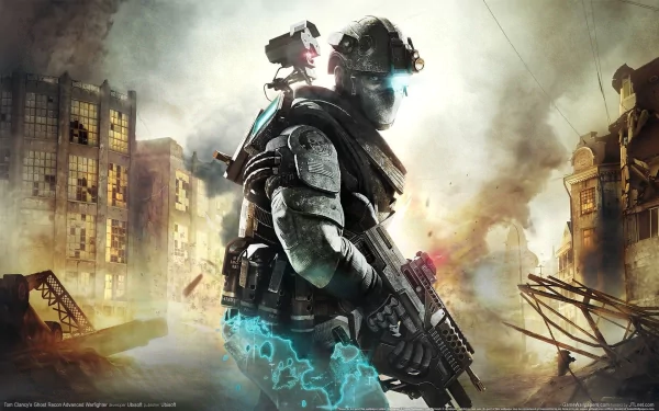Video game HD PC desktop wallpaper/background: Tom Clancy's Ghost Recon: Future Soldier — armored futuristic soldier with glowing blue HUD and rifle standing in a ruined urban battlefield.