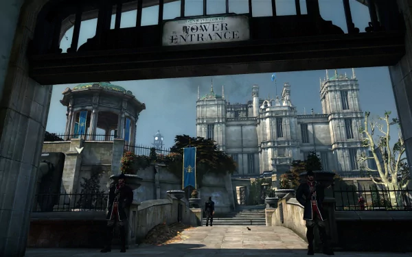 HD desktop wallpaper of Dishonored featuring the entrance to a grand building with guards stationed outside.