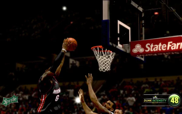NBA 2K13 HD desktop wallpaper featuring a dynamic basketball dunk in progress with stadium advertisements in the background.