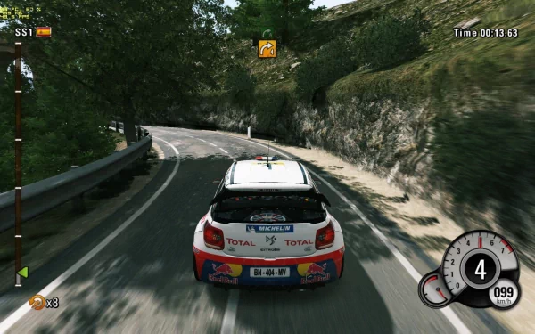 HD WRC 3 desktop wallpaper showing a rally car racing down a winding forest road.