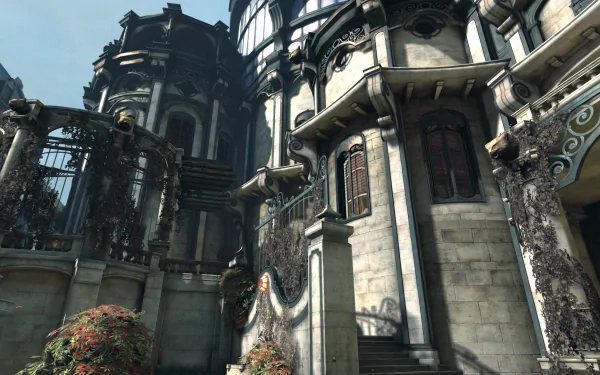 HD Dishonored game wallpaper featuring an intricate Victorian-style building with overgrown foliage.
