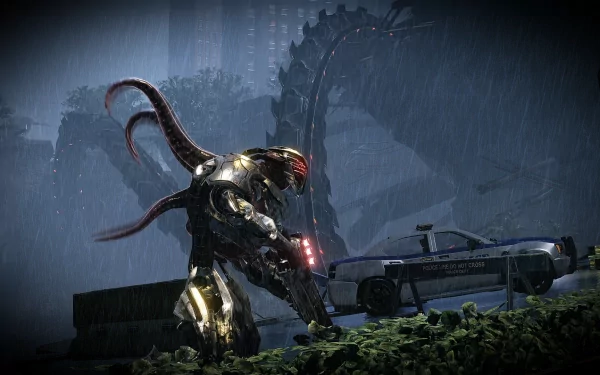 HD wallpaper of Crysis 2 featuring an armored character in a rainy cityscape background.