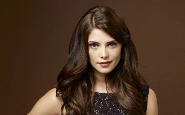 HD PC desktop wallpaper featuring a portrait of celebrity Ashley Greene with long brown hair and a confident expression against a plain brown background.