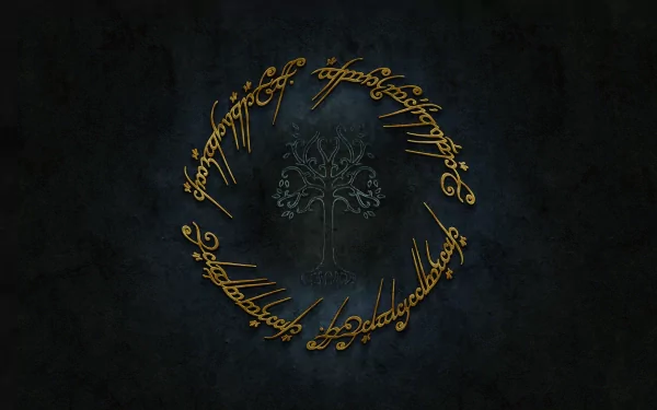 HD PC desktop wallpaper featuring The Lord of the Rings movie design with the iconic Elvish script encircling the White Tree of Gondor on a dark background.