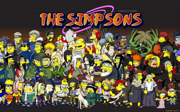 HD PC desktop wallpaper background of The Simpsons TV show cast — large group portrait of Springfield characters in varied costumes against a dark backdrop.