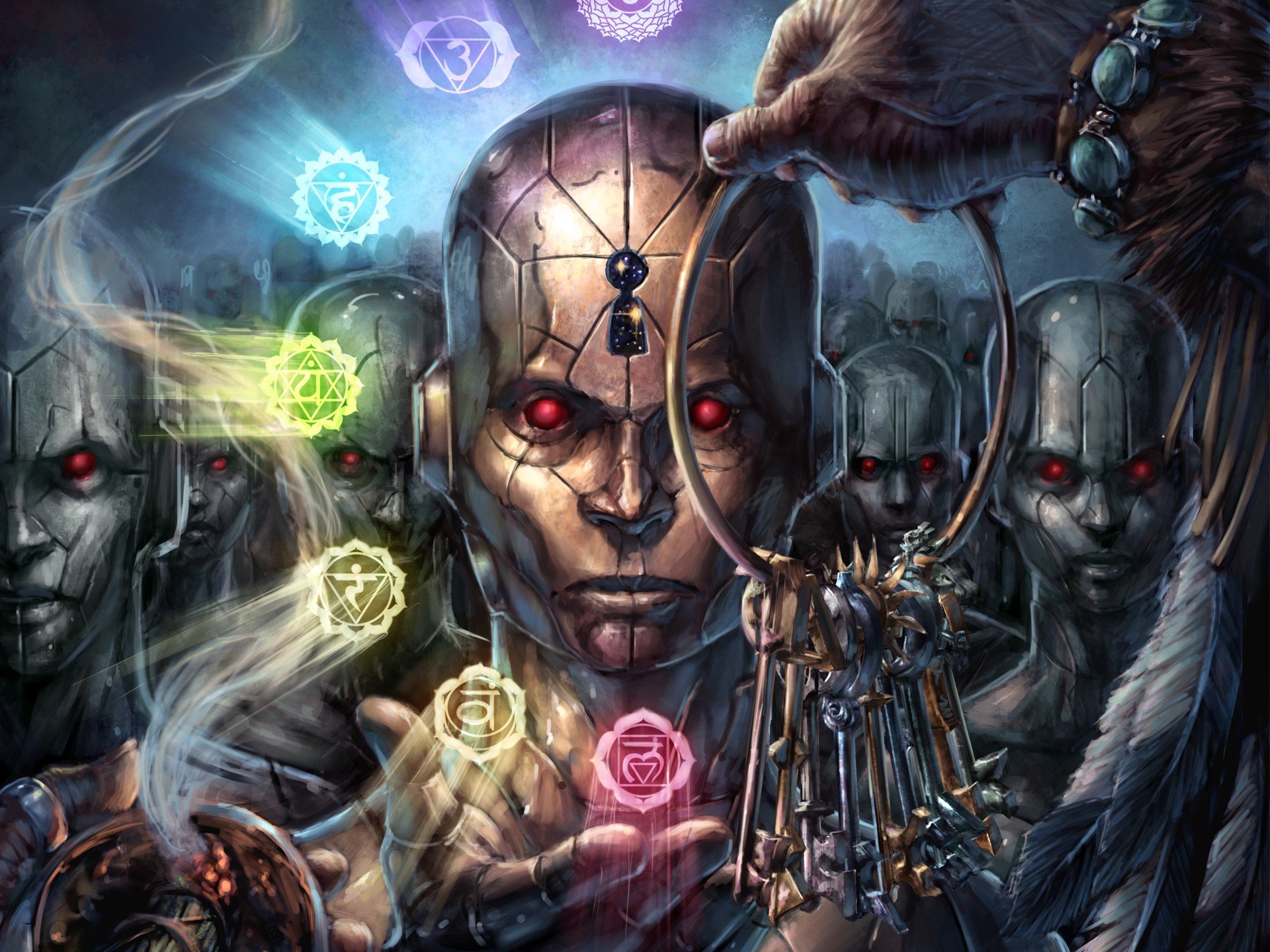 A captivating fantasy creature image featuring robotic figures with glowing eyes and mystical symbols, making a striking HD desktop wallpaper and background.