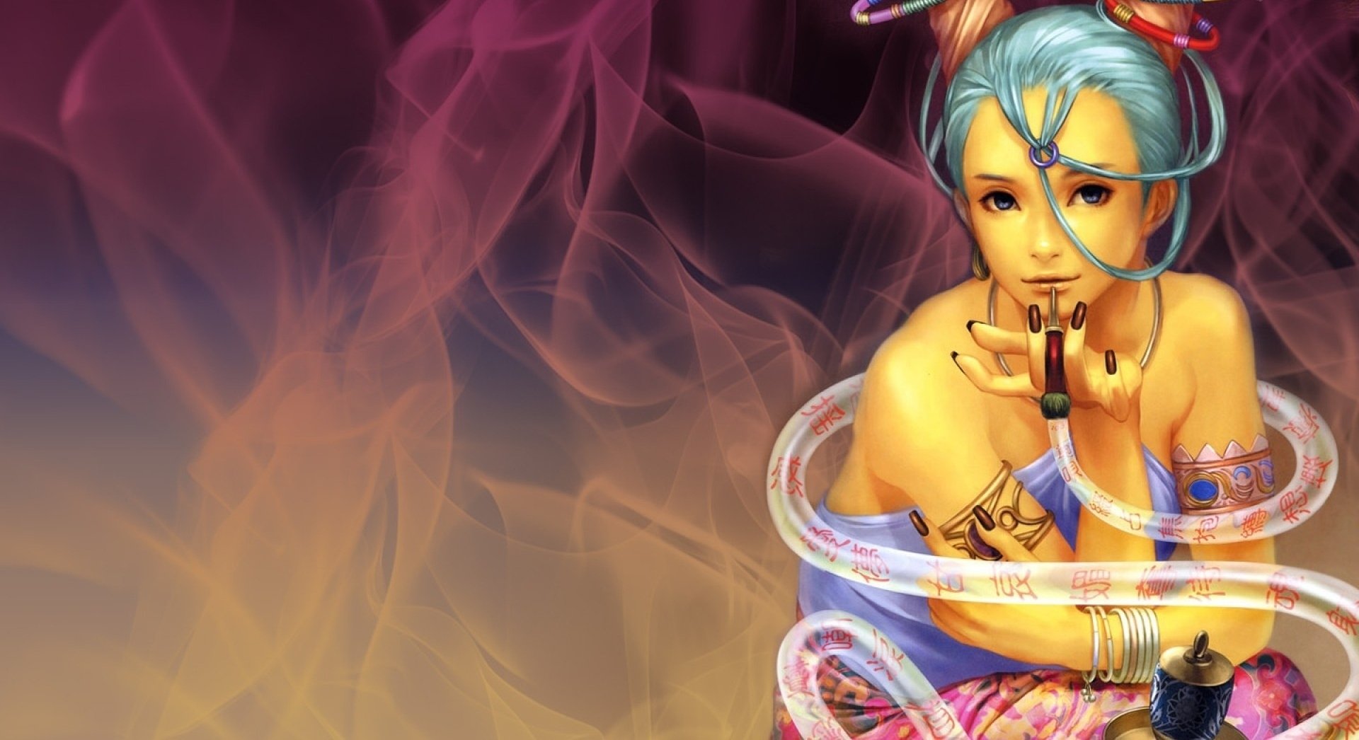 Colorful eastern fantasy scene featuring a serene woman with blue hair surrounded by swirling smoke, rendered in vivid detail as an HD PC desktop wallpaper.