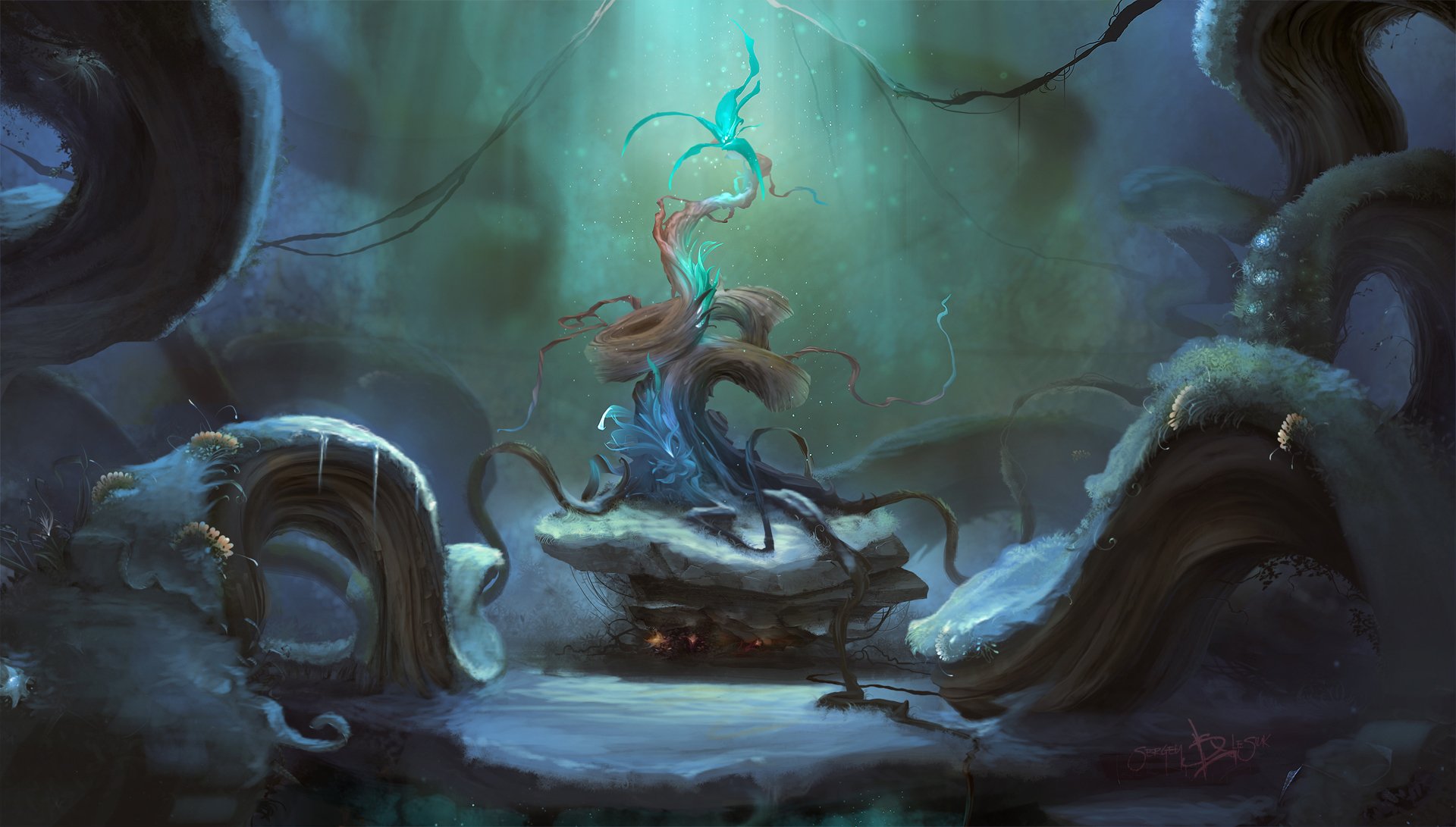 Fantasy forest scene with glowing, twisted trees and ethereal light beams, rendered in high-definition for a captivating PC desktop wallpaper background.