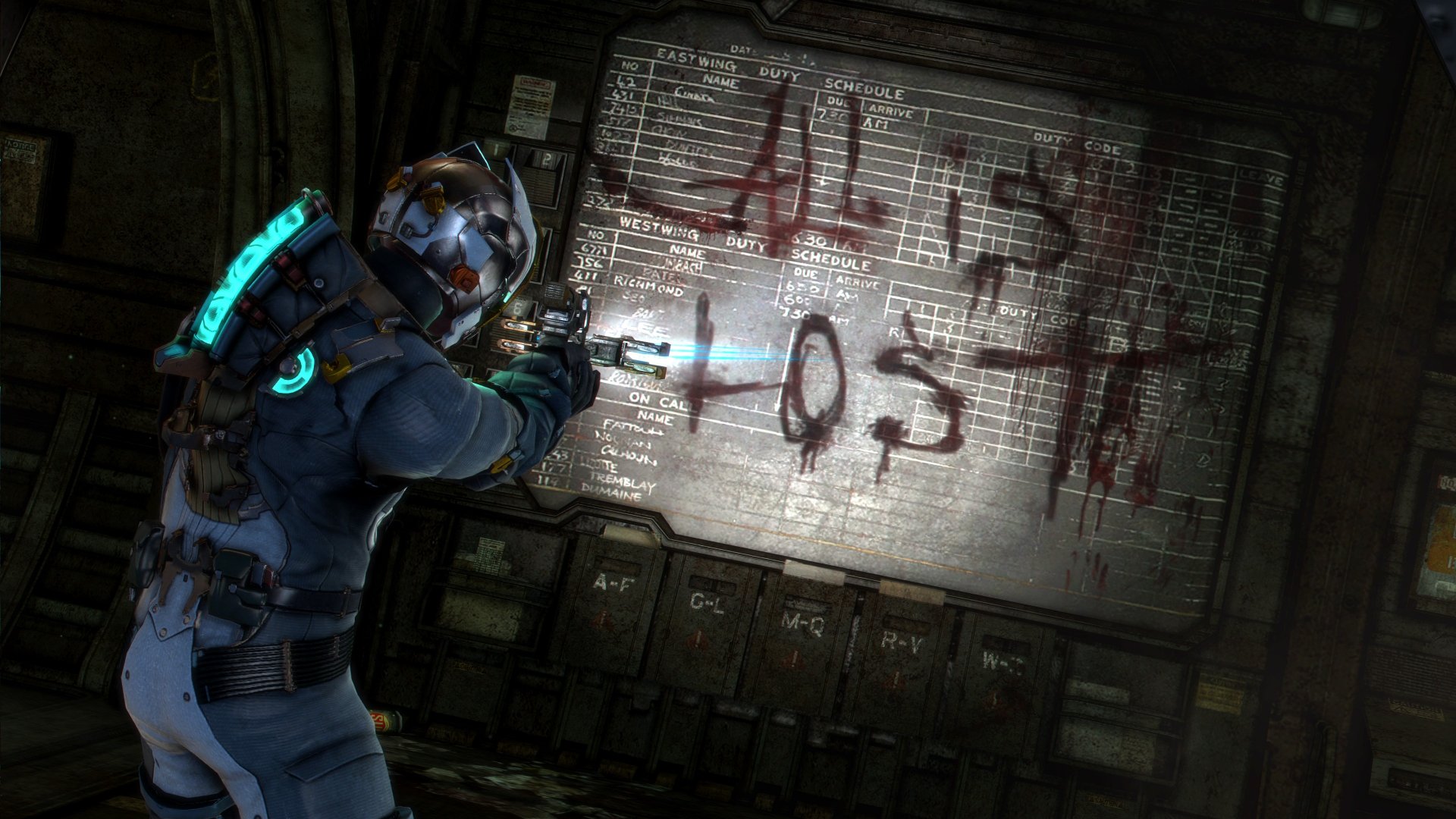 4K Ultra HD Dead Space 3 PC wallpaper showing a character in futuristic armor aiming at a wall with blood-written text in a dark, sci-fi environment.