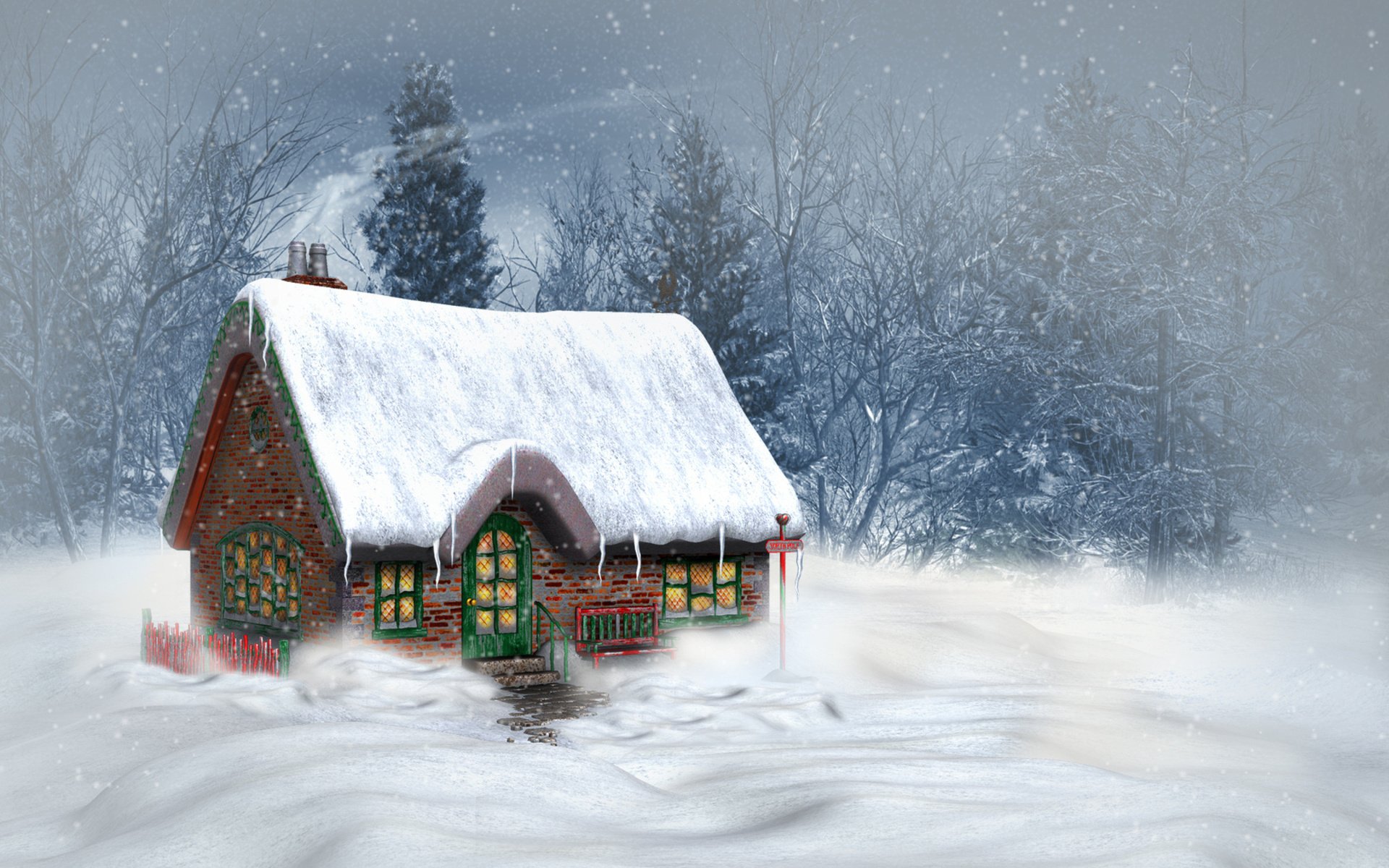 Artistic painting of a cozy snow-covered cottage in a winter forest, featured as an HD PC desktop wallpaper and background.