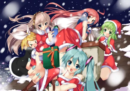 A vibrant HD wallpaper featuring popular Vocaloid characters: Luka Megurine, SF-A2 Miki, IA, Rin Kagamine, GUMI, and Hatsune Miku, celebrating in festive outfits amidst falling snow.