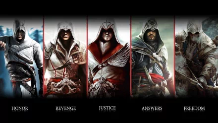 HD desktop wallpaper featuring five Assassin's Creed characters, each associated with words: Honor, Revenge, Justice, Answers, and Freedom.