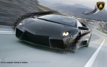 HD wallpaper of a Lamborghini Reventón supercar in motion on a winding road with mountains in the background.