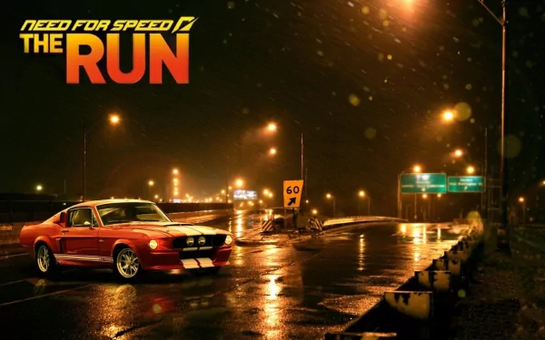 HD PC desktop wallpaper featuring a red muscle car on a wet road at night, with the Need for Speed: The Run logo prominently displayed.