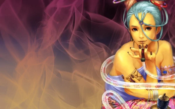 Colorful eastern fantasy scene featuring a serene woman with blue hair surrounded by swirling smoke, rendered in vivid detail as an HD PC desktop wallpaper.