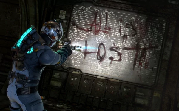 4K Ultra HD Dead Space 3 PC wallpaper showing a character in futuristic armor aiming at a wall with blood-written text in a dark, sci-fi environment.