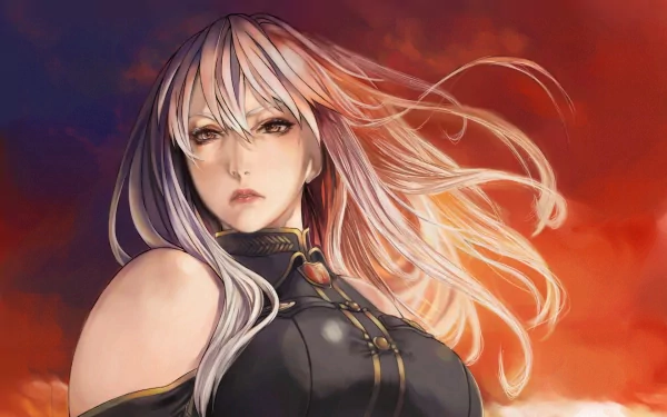 HD Valkyria Chronicles desktop wallpaper featuring a female character with flowing hair against a dramatic sky.