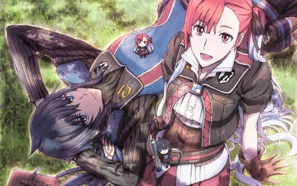 HD desktop wallpaper featuring characters from Valkyria Chronicles, with a vivid illustration of a female soldier assisting her comrade in a grassy field.