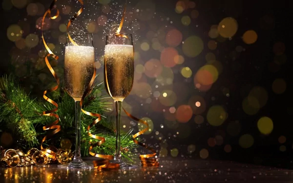 A festive scene featuring two glasses of champagne against a bokeh backdrop, adorned with holiday decorations, capturing the spirit of New Year's celebrations.