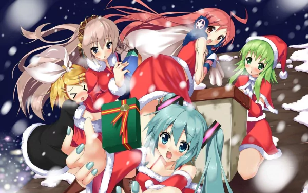 A vibrant HD wallpaper featuring popular Vocaloid characters: Luka Megurine, SF-A2 Miki, IA, Rin Kagamine, GUMI, and Hatsune Miku, celebrating in festive outfits amidst falling snow.