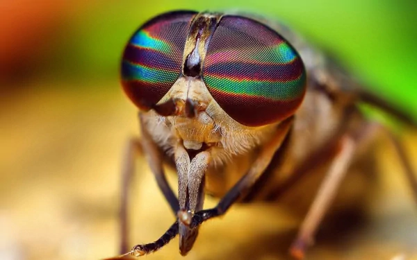 HD PC desktop wallpaper of an animal insect — macro close-up of a colorful fly's iridescent compound eyes and mouthparts against a soft green background.