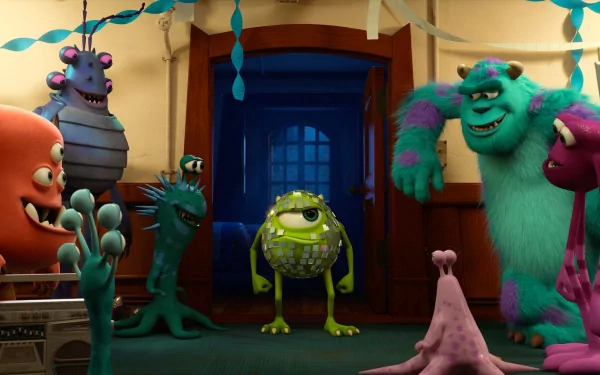 HD desktop wallpaper featuring James P. Sullivan and Mike Wazowski from the movie Monsters University in a hallway decorated with streamers.