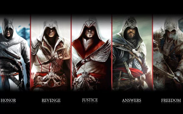 HD desktop wallpaper featuring five Assassin's Creed characters, each associated with words: Honor, Revenge, Justice, Answers, and Freedom.