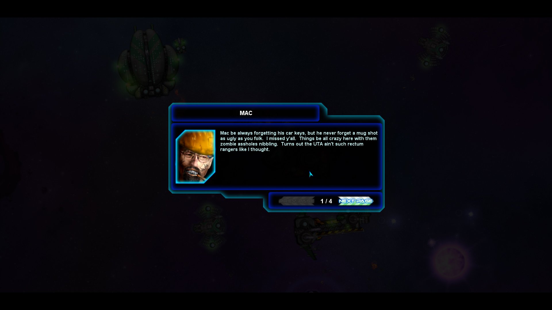 HD desktop wallpaper featuring a dialogue box from the game Space Pirates and Zombies against a dark cosmic background.