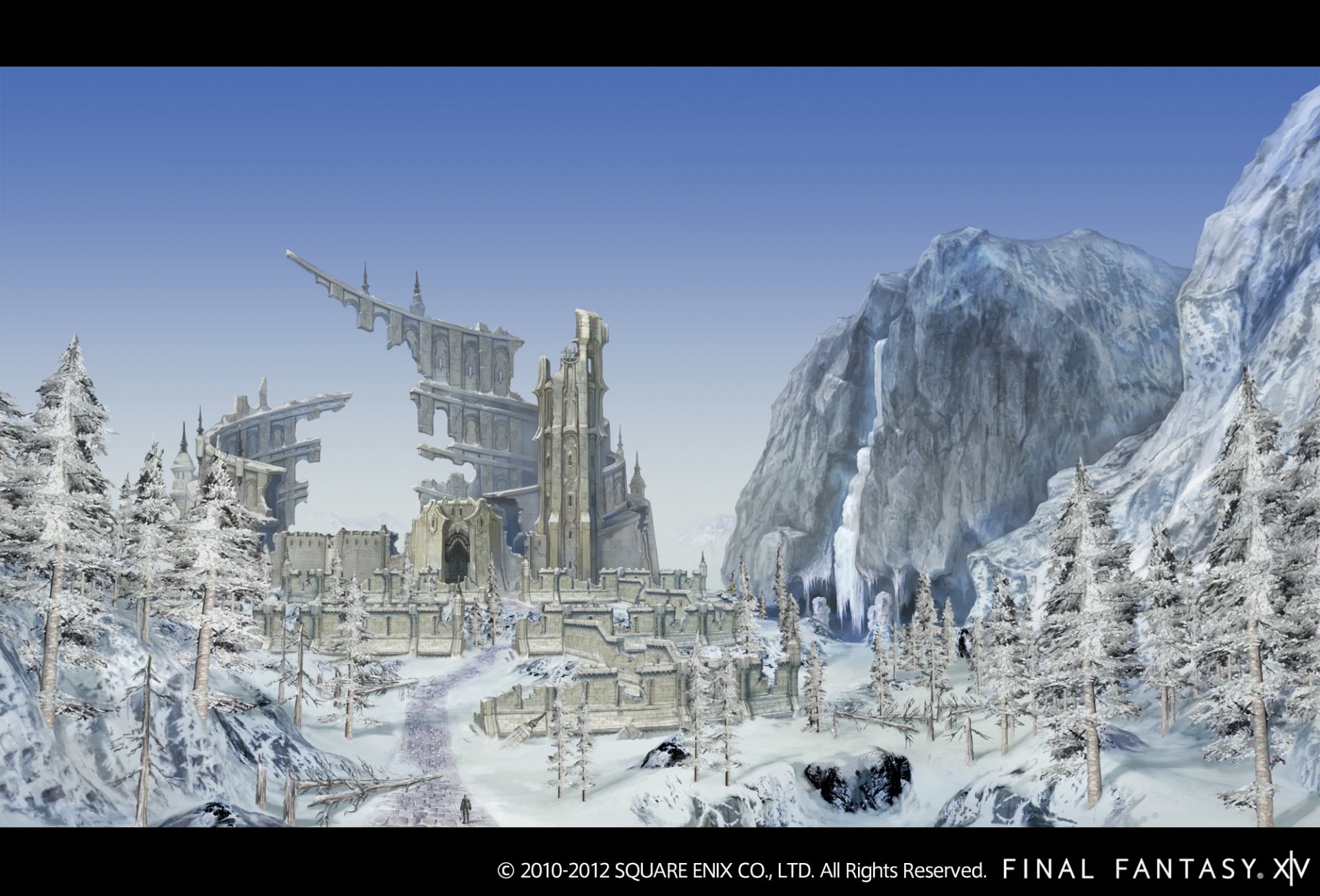 HD desktop wallpaper from Final Fantasy XIV: A Realm Reborn featuring a snowy landscape with a majestic castle.
