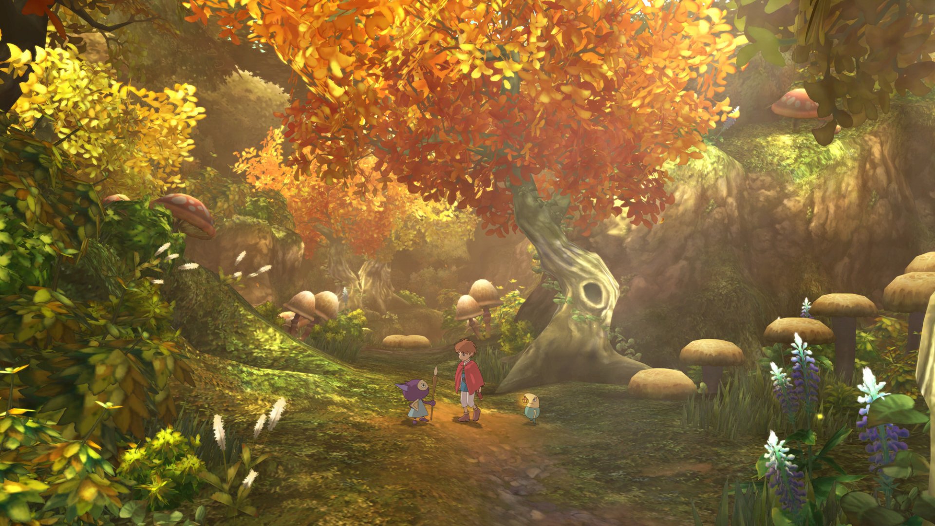 HD Ni No Kuni desktop wallpaper featuring a character in a vibrant, autumn-hued forest with mystical mushrooms and flora.