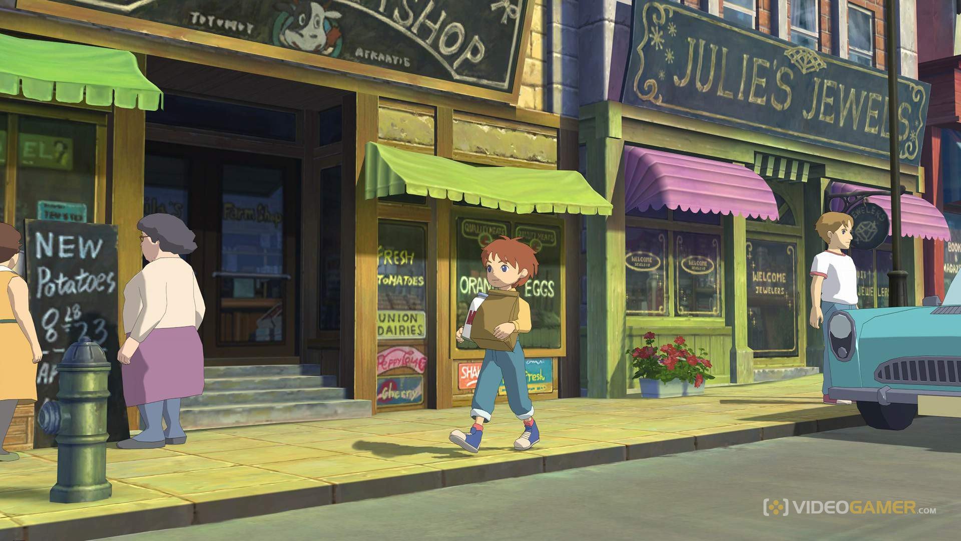 HD desktop wallpaper from Ni No Kuni featuring a character strolling through a vibrant, animated street scene.